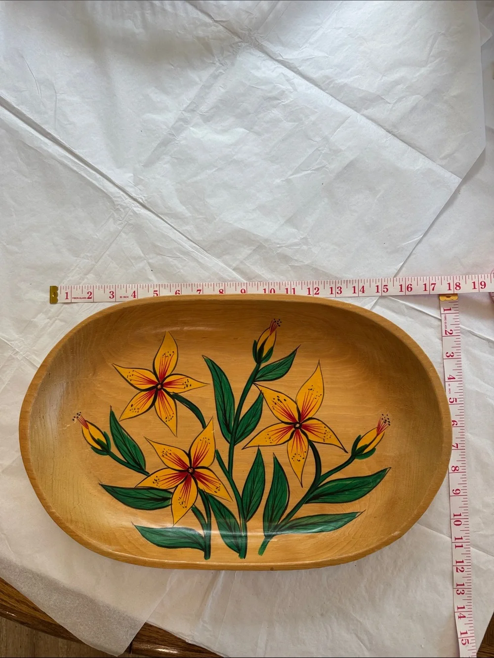 Mid-century Modern Toleware Wood Large Serving Dish Tray Painted Tiger Lillies